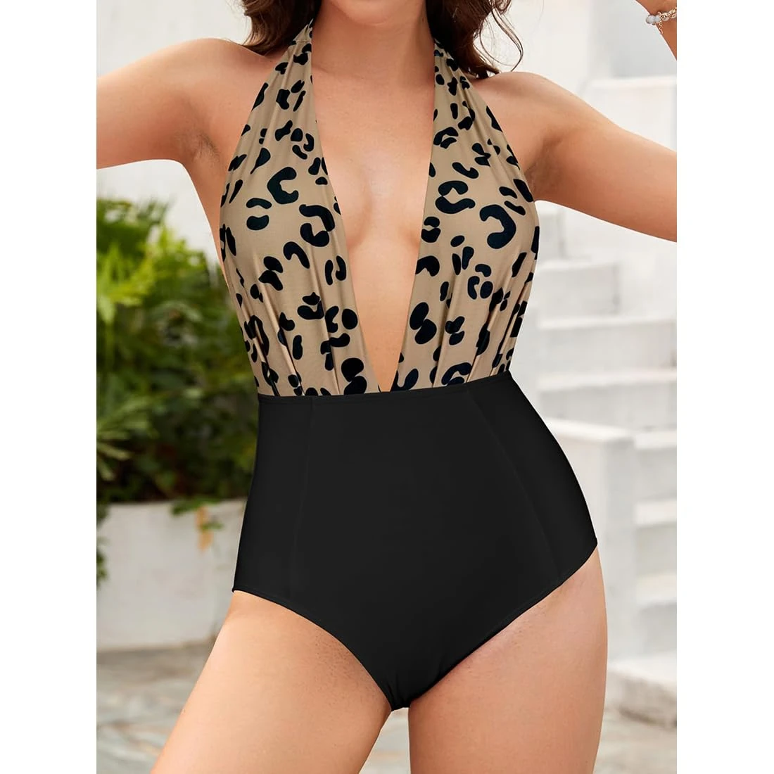 Women's Retro Deep V-Neck Bathing Suit Backless High Waisted One Piece Swimsuit, Black / Leopard, Small