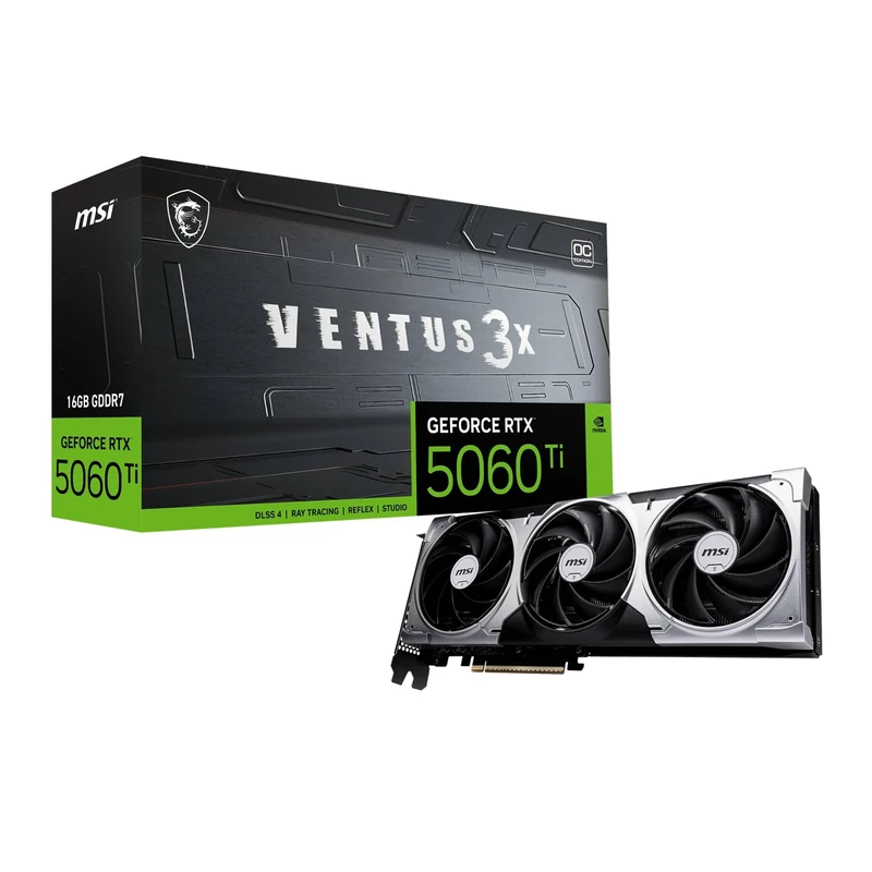 MSI GeForce RTX 5060 Ti 16G VENTUS 3X OC Graphics Card - RTX 5060 Ti GPU, 16GB GDDR7 (28Gbps/128-bit), PCIe 5.0 - TRIPLE Fan Thermal Design (3 x TORX FAN 5.0) - HDMI 2.1b, DisplayPort 2.1b