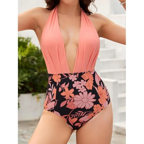 Women's Retro Deep V-Neck Bathing Suit Backless High Waisted One Piece Swimsuit