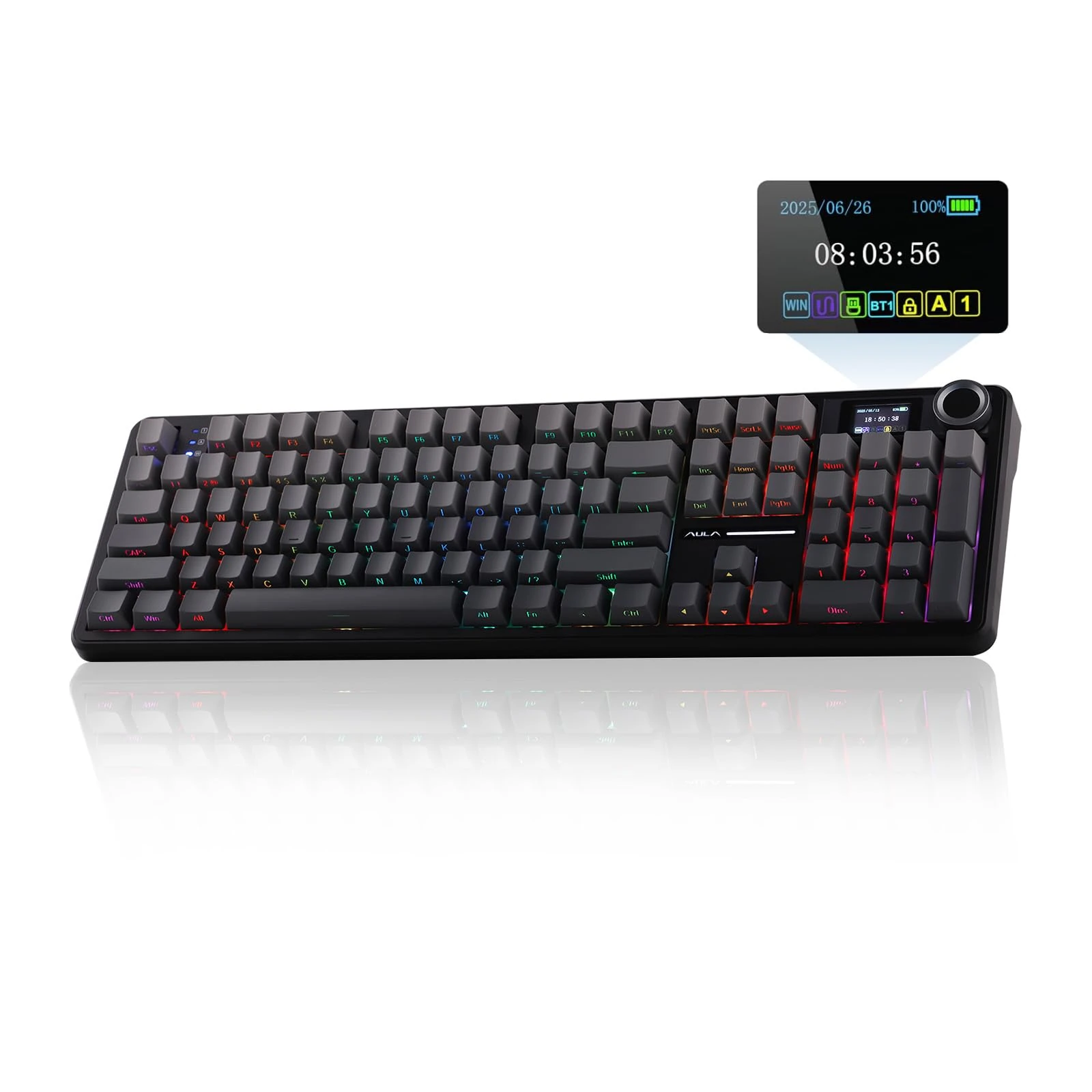 EPOMAKER X AULA F108 PRO Wireless Gaming Keyboard with Screen, 8000mAh Battery, Full-Size 104 Hot-Swappable Keys and Knob, RGB, for Mac/PC/Android, qwerty us layout (BlackGradient, Reaper Switch)