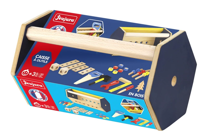 Jeujura - Wooden Tool Box - Imitation Game - Develops creativity and dexterity - Learn to screw - Unscrew - Carry Anywhere - Many Accessories - DIY Kit - 8596