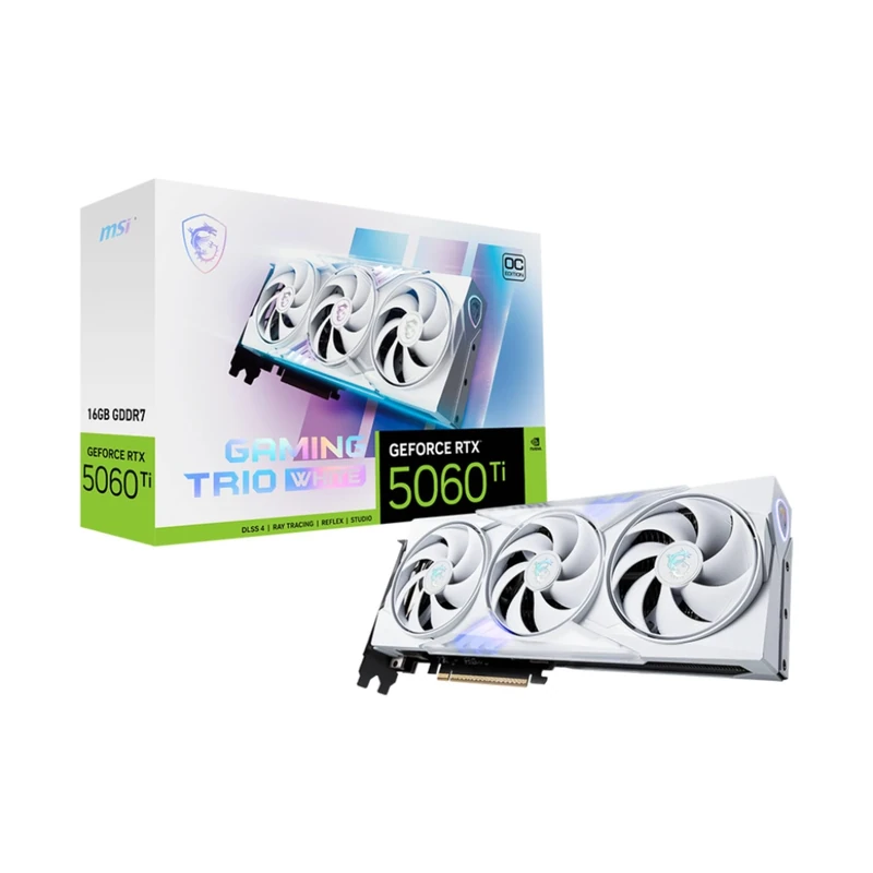 MSI GeForce RTX 5060 Ti 16G GAMING TRIO OC WHITE Graphics Card - RTX 5060 Ti GPU, 16GB GDDR7 (28Gbps/128-bit), PCIe 5.0 - TRI FROZR 4 (3 x STORMFORCE FAN) - RGB - HDMI 2.1b, DisplayPort 2.1b