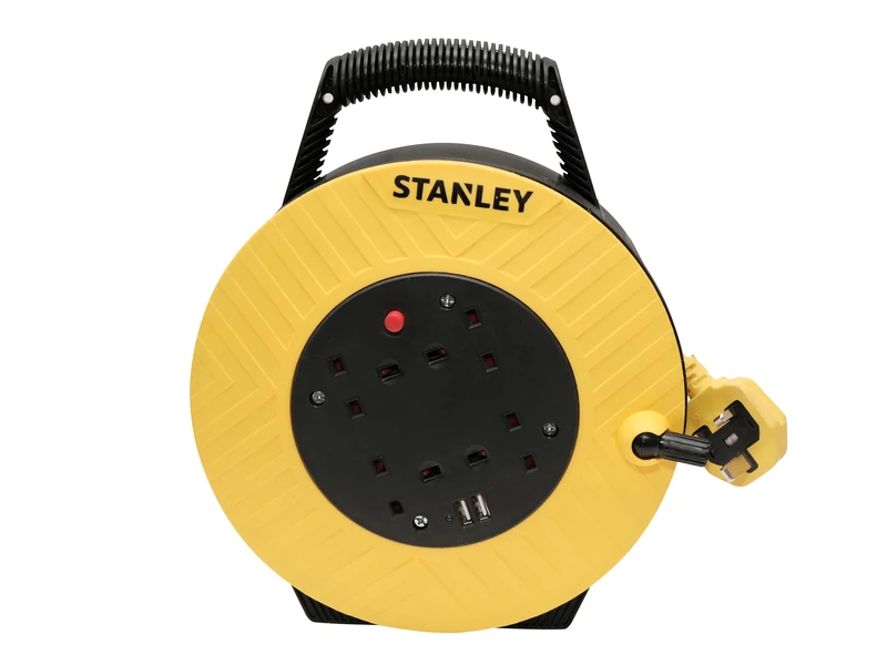 STANLEY 15M Semi-Enclosed Cable Reel (Helps to Prevent Damage to The Cable When in Transit or Storage) Four 240V sockets and Two USB sockets LED Indicator Overload Protection System
