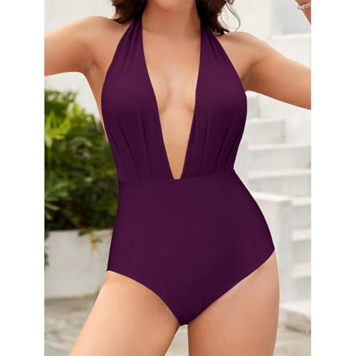 Women's Retro Deep V-Neck Bathing Suit Backless High Waisted One Piece Swimsuit, Purple, Medium