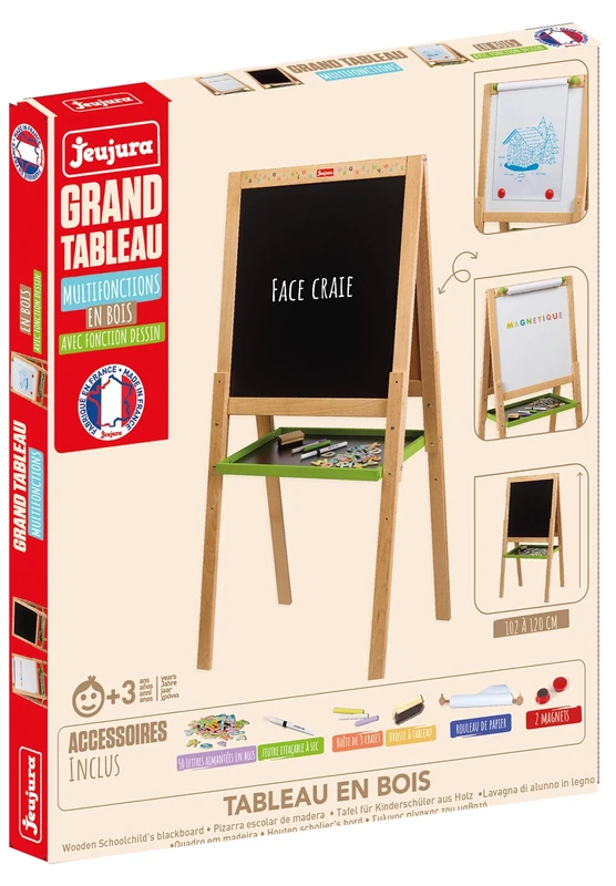 Jeujura - Large Multi-Functional Wooden Board - Drawing Function - Imitation Game - Wooden Slate - Magnetic White Slate - Storage Shelf - Write - Suitable for Ages 3 and Above - 8763