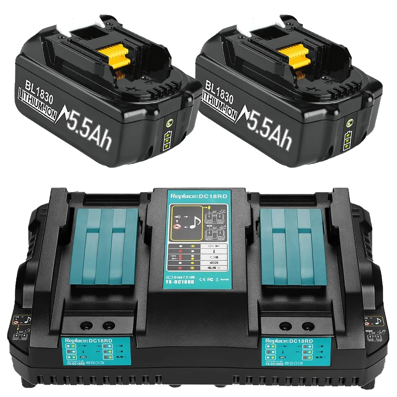 2 x 18V 5.5Ah BL1850B Batteries + 6A DC18RD Dual Port Charger Compatible with BL1830 Battery 14.4V-18V BL1850 BL1830 BL1840 BL1860 and DC18RD DC18RC DC18RCT DC18RF DC18SF Charger