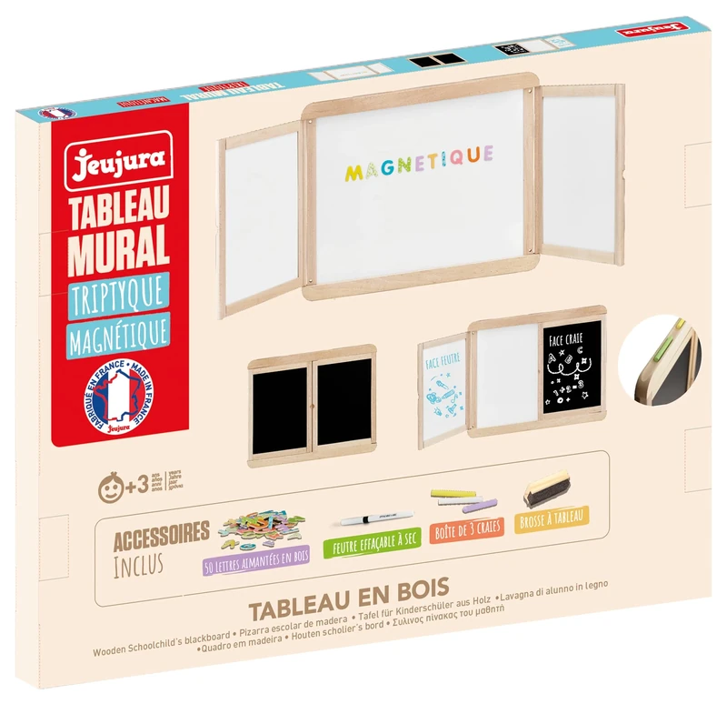 Jeujura - Magnetic Triptych Wall Chart - A White Magnetic Central Slate with White Face and Chalk Face - Many Accessories - Ages 3 and Above - Made in France - 8807