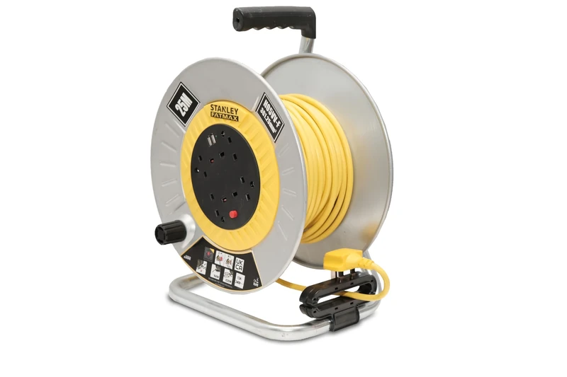STANLEY 25M Open Metal Drum Cable Reel with Four 240V sockets and Two USB sockets - The Reel is Fitted with an LED Indicator, Overload Protection System and a Safety Reset Button