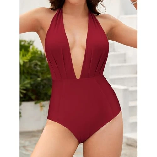 Women's Retro Deep V-Neck Bathing Suit Backless High Waisted One Piece Swimsuit