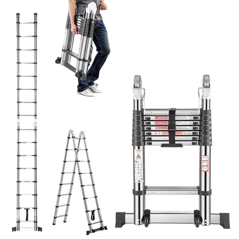 VEVOR Telescoping Ladder A Frame, 16.5ft Stainless Steel Extension Ladder, Multi-Button Retraction Portable Collapsible RV Ladders, 330LBS Load Telescopic Ladders with Balance Bar for Home, RV, Loft
