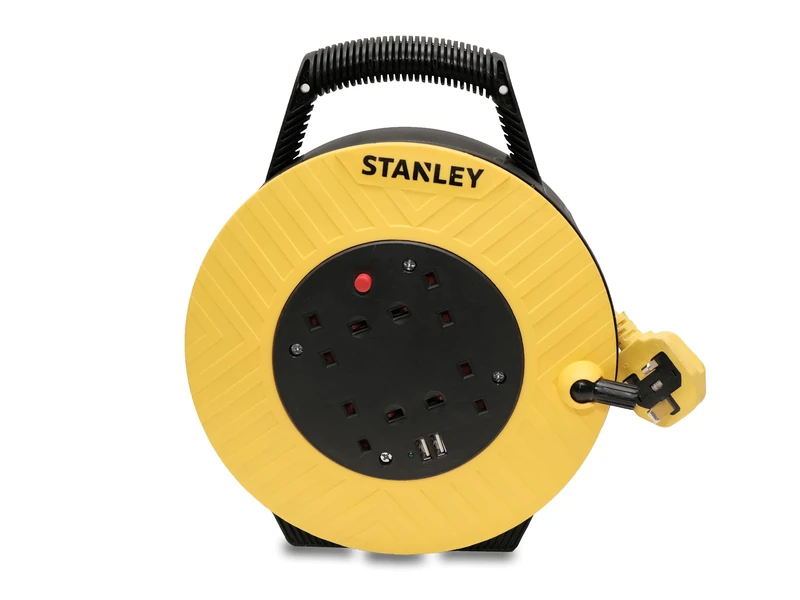 STANLEY 7.5 Semi-Enclosed Cable Reel Four 240V sockets and Two USB sockets - Protects The sockets from Contact with Wet or Damp Areas - LED Indicator Overload Protection System