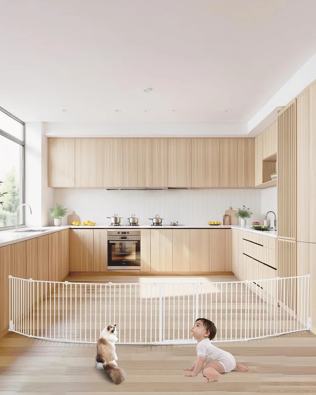 VEVOR Baby Gate, 192 Inches Extra Wide, 28 Inches High 8-Panel Foldable Dog Gate, for Child Pet Security, One-Hand Open, Install Between Two Walls or As a Fence, for Stairs and Doorways, White