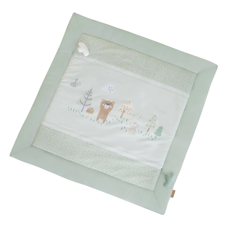 roba Crawling & Play Mat Woodland Buddies 100 x 100 cm - Softly Padded - Play Pad for Babies from Birth - Cotton Surface - with Cloud Appliqués & Forest Animals Design - Pastel Green