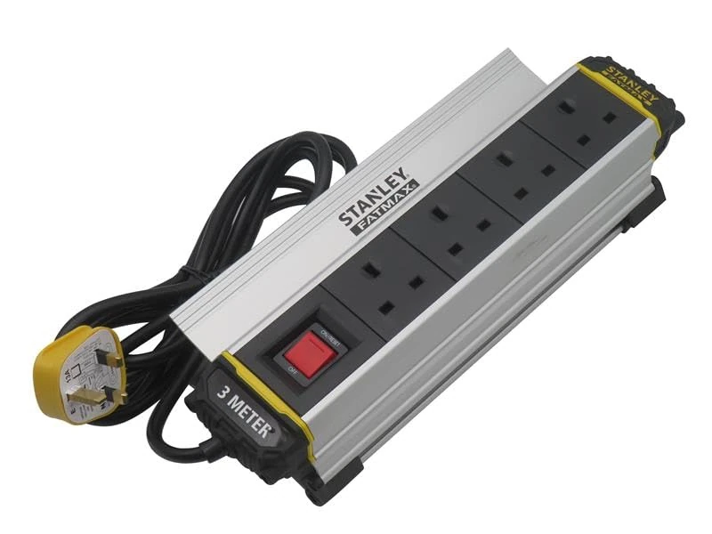 STANLEY 3M Powerboard with Four 13 amp sockets and Aluminium clamp - Durable Construction Bumpers for Added Protection - high Visibility, Yellow Cable Increases Job site Safety