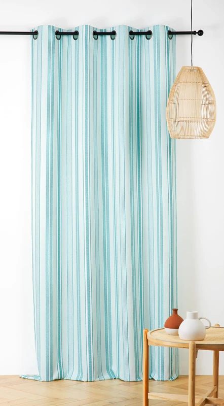 Linder Outdoor Curtain with Stripes – Woven and Dyed in France – Anti-Oxidant Gun Cannon Eyelets – Turquoise Blue – Dimensions 140 x 265 cm – 100% Polypropylene – Beach Collection