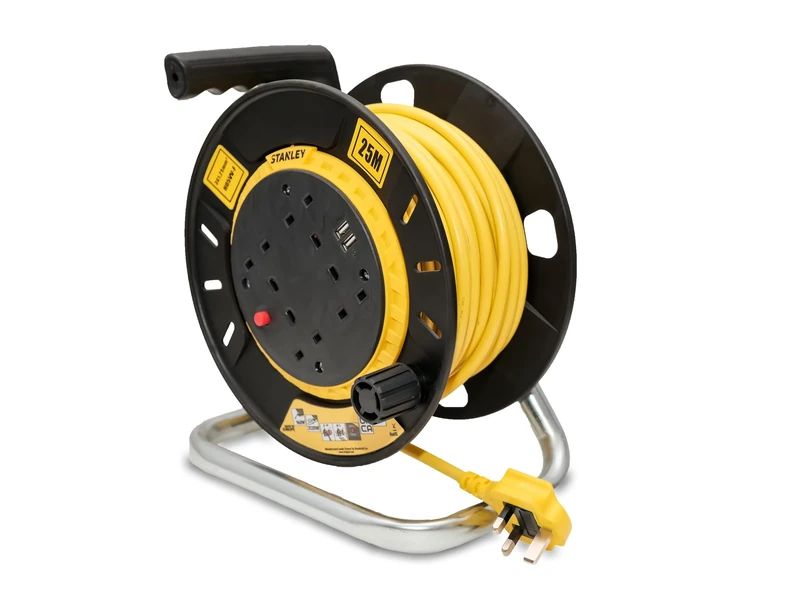 STANLEY 25M Semi-Enclosed Cable Reel Comes with Four 240V sockets and Two USB - Design Helps to Prevent Damage to The Cable When in Transit or Storage Overload Protection System
