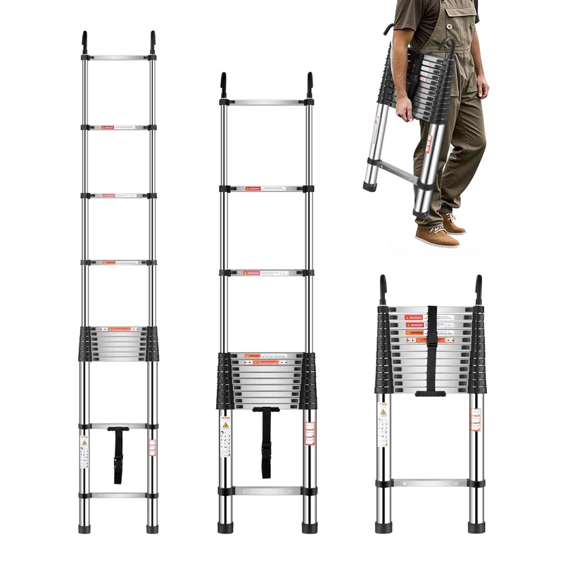 VEVOR Telescoping Ladder, 16.5ft Stainless Steel Lightweight Extension Ladder, Multi-Button Retraction Collapsible Ladders, 330LBS Capacity & Non-Slip Feet, Portable 13-Step Ladders for Home, RV, Loft - Image 1