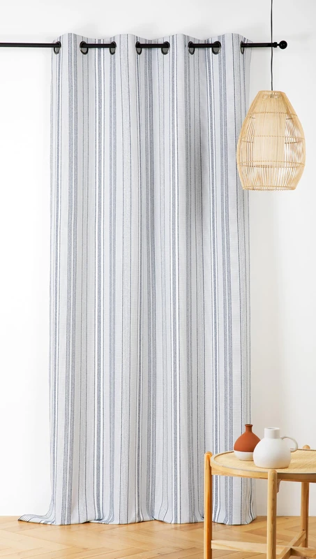 Linder Outdoor Curtain with Stripes – Woven and Dyed in France – Anti-Oxidant Gun Cannon Eyelet Finish – Mediterranean Blue – Dimensions 140 x 265 cm – 100% Polypropylene – Beach Collection