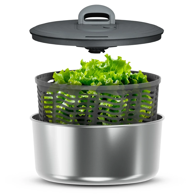 Zyliss Easy Spin Salad Spinner Stainless Steel Large, Non-Slip Base, Serving Bowl, AquaVent™ Technology, Retractable Cord and Brake System, Easy to Clean