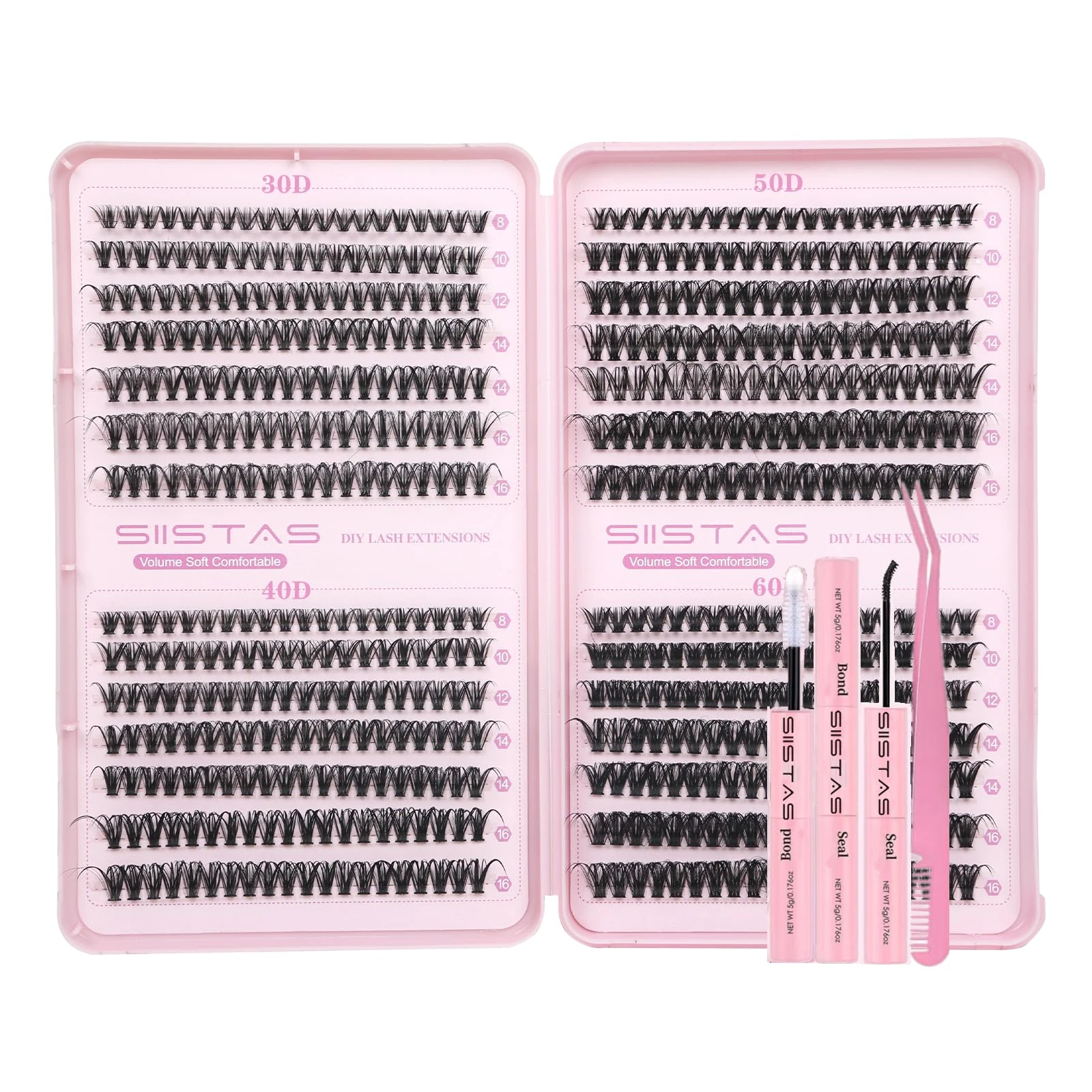 Cluster Lashes Kit 560PCS Individual Eyelashes 30D+40D+50D+60D Lash Clusters Kit Natural D Curl Lashes Individual Cluster Eyelashes 8-16MM DIY Lash Extension with Bond&Seal&Tweezer(B02Kit)
