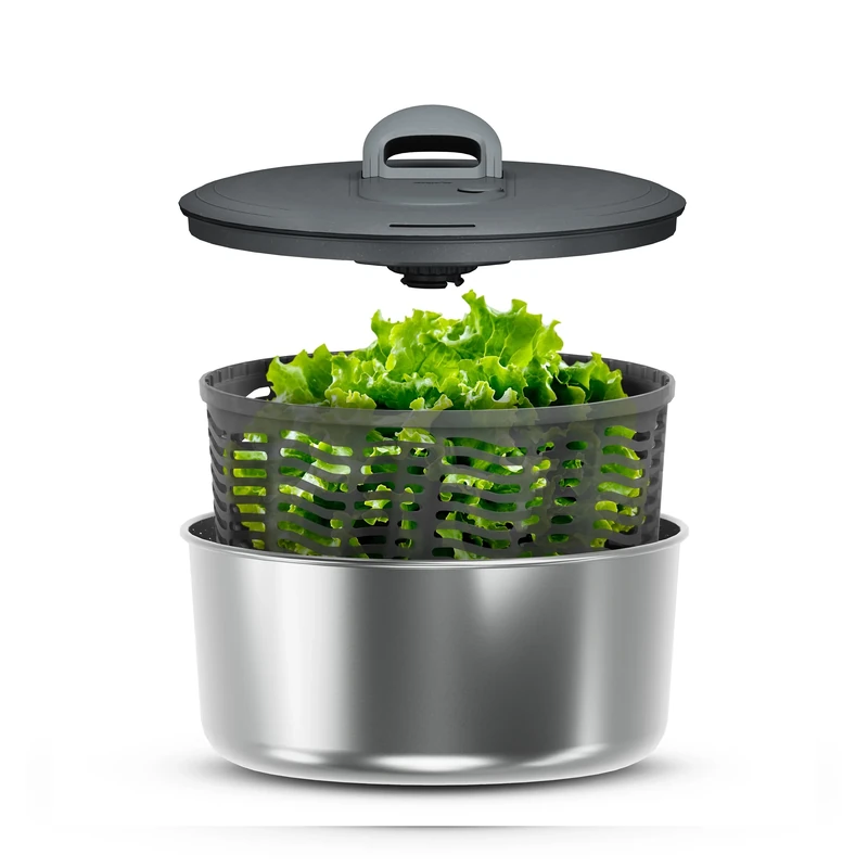 Zyliss Easy Spin Salad Spinner Stainless Steel Small, Non-Slip Base, Serving Bowl, AquaVent™ Technology, Retractable Cord and Brake System, Easy to Clean