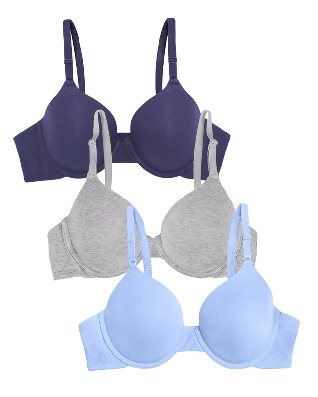 Fruit of the Loom Women's Smooth Cotton T-Shirt Bra-Ultra-Soft, Flexible, and Invisible Under Tees, Semi-Sheer NA, Deja Blue/Skipper Blue/Grey Heather, 36D (Pack of 3)