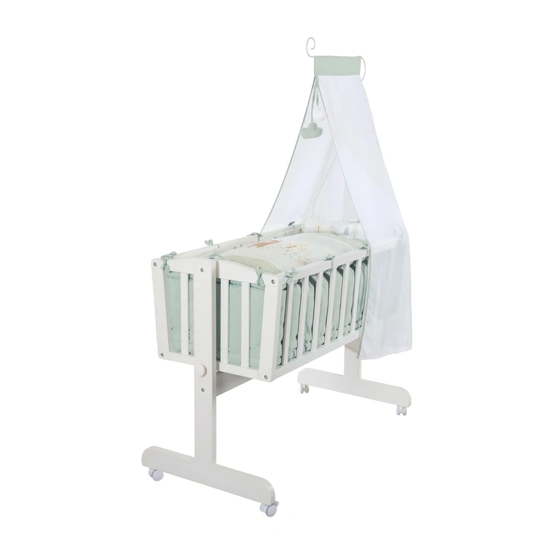 roba Woodland Buddies Wooden Crib 40 x 90 cm Incl. Accessories - Bassinet with Wheels, Textile & Mattress - White Lacquered Wood