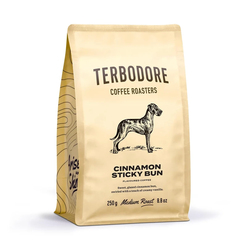 Terbodore | Cinnamon Coffee Beans | 250g Bag | Delicious Cinnamony Flavoured Bean | Subtle Sticky Bun Aroma | Medium Roast | Premium Grade Whole Bean | Home or Cafe | Cinnamon Coffee Beans