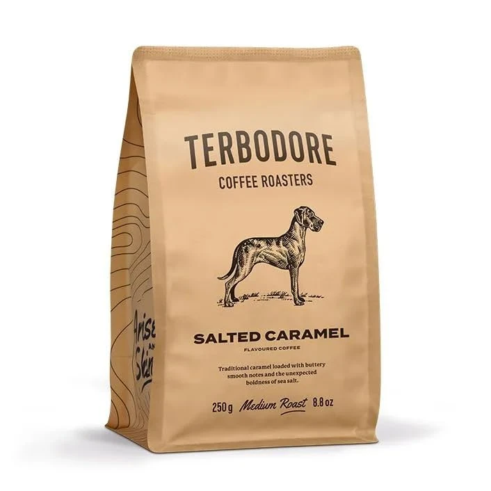 Terbodore | Salted Caramel Ground Coffee | 250g Bag | Delicious Caramel Flavour | Subtle Aroma | Premium Grade | Medium Roast | Home or Cafe | Salted Caramel Ground Coffee