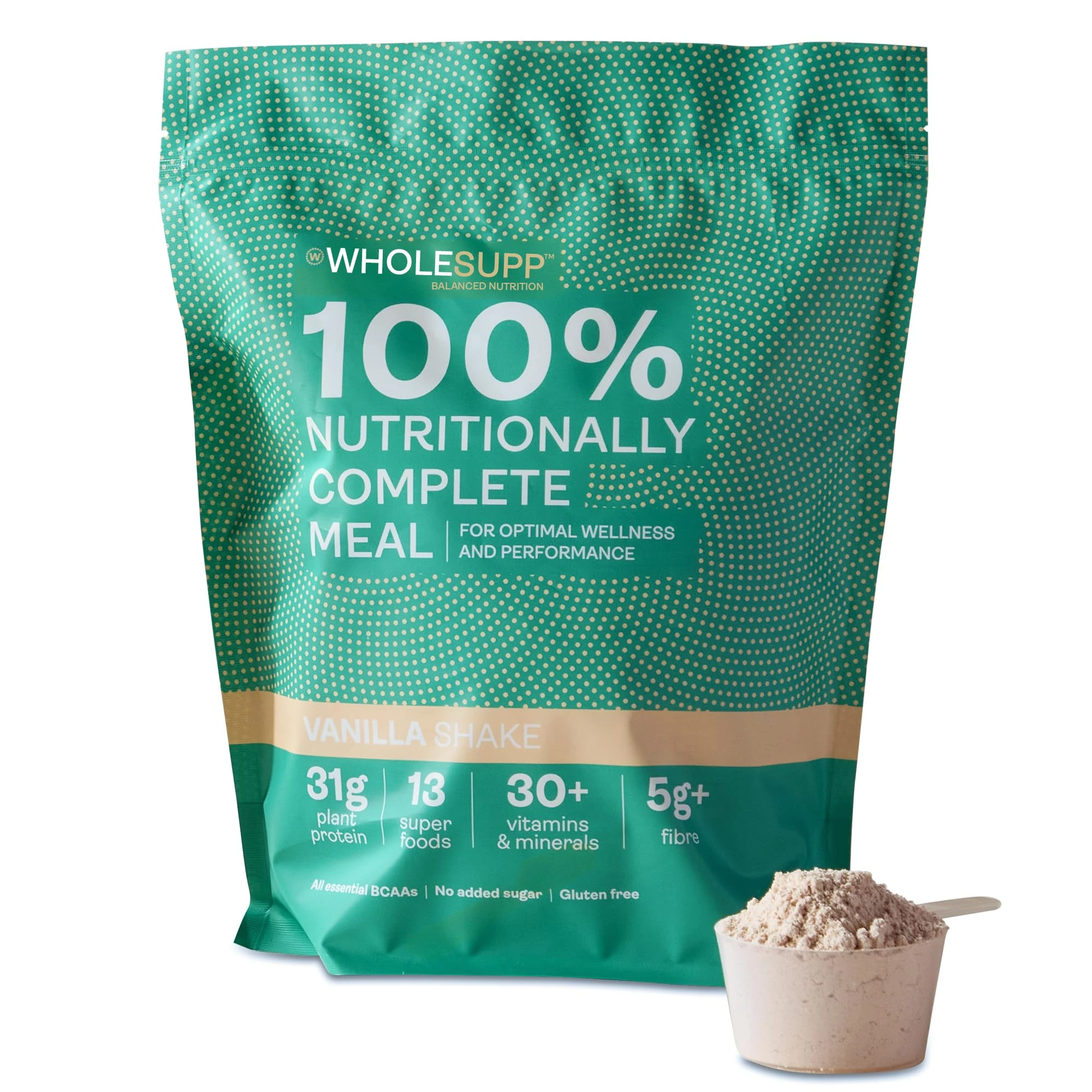 Whole Supp Vanilla Protein, Vegan Meal Replacement Shake, & Gluten Free Meal Replacement, 31g Plant Protein per Serving, High Fibre, Dairy-Free, No Sugar Added, All in one Meal, 1.5kg, 15 Servings