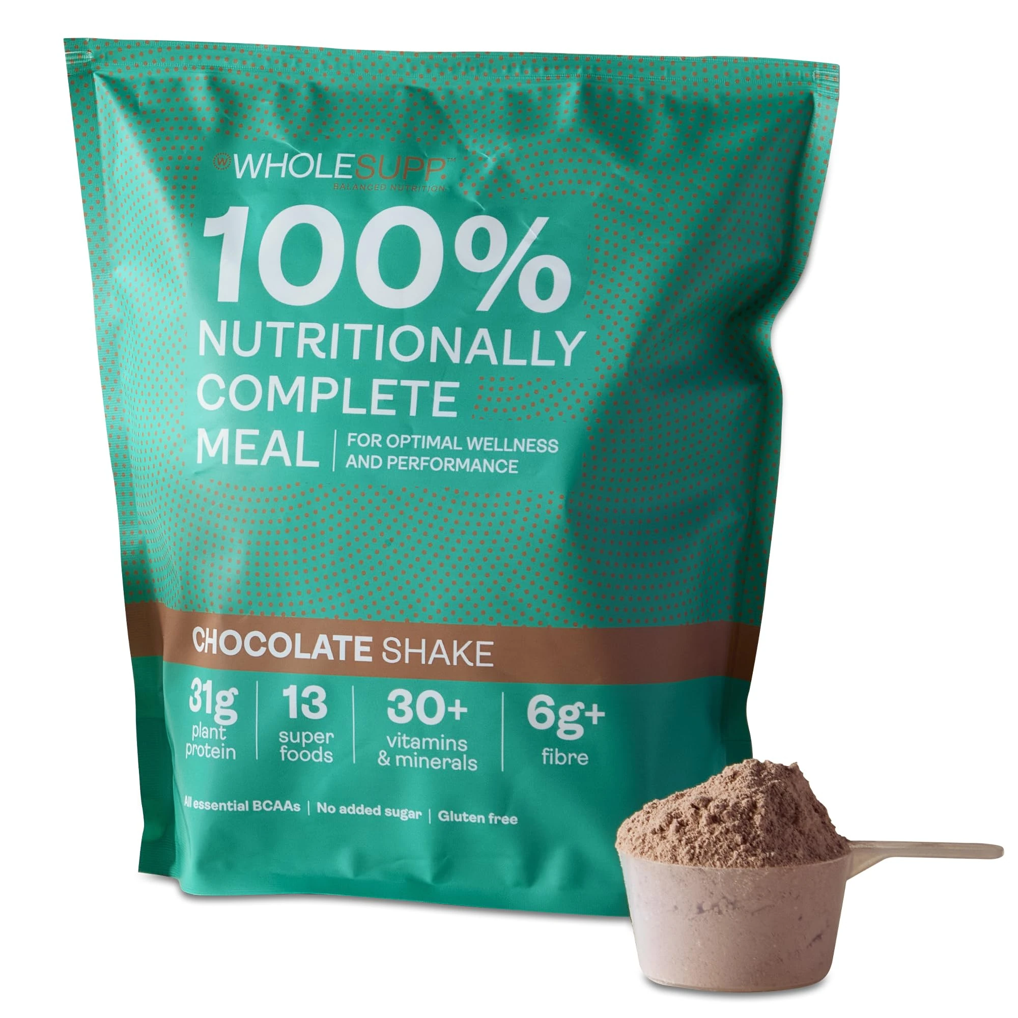 Whole Supp Chocolate Meal Shake, Vegan Protein Meal Replacement Powder, High Fibre, 31g Plant Protein, Gluten-Free, No Sugar Added, 13 Superfoods, 1.5kg,15 Servings