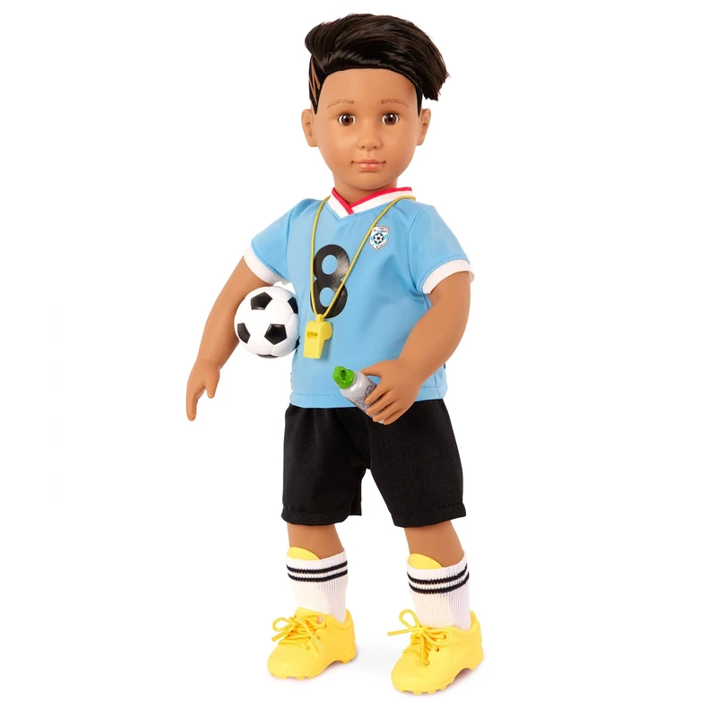Our Generation Mateo Boy Doll – 18-inch Football Doll, Full OG Kit and Jersey, Training Accessories, Unique Hair Style, Huggable Soft Toy Figure For Ages 3+
