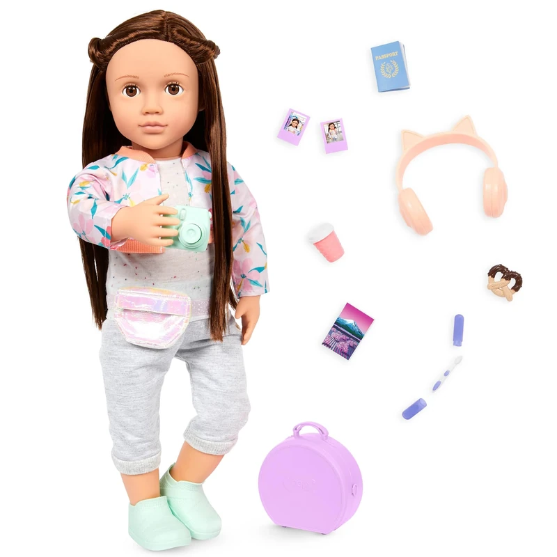 Our Generation - Reese - Posable 18-Inch Doll - Lifelike Brown Eyes & Long Brown Hair - Carry-on Luggage & Travel Accessories - Pretend Play - Toy for Kids 3 Years +