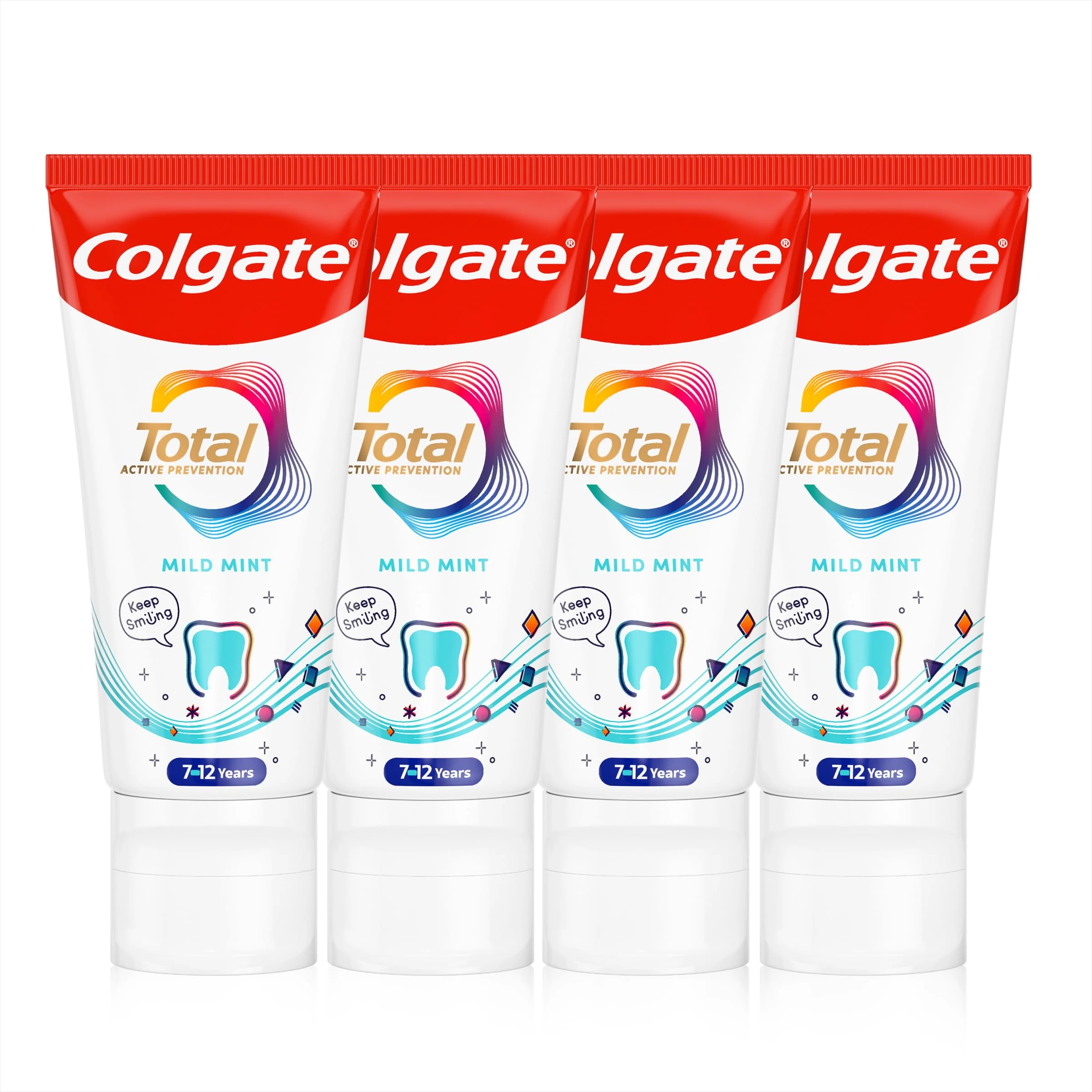 Colgate Total Kids 7-12 Years Mild Mint Toothpaste 50ml x4 Multipack - for New Permanent Teeth - Fights Root Causes² of Many Oral Health Problems - Sugar Acid Protection³ - Suitable for Braces