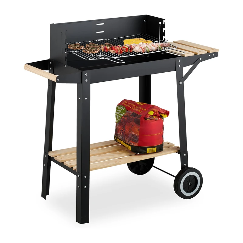 Relaxdays Barbecue with Wheels, 2 Shelves, Height-Adjustable Grill, Windbreak, Charcoal BBQ Cart, 80.5x86x42 cm, Black, Plastic, Wood, Steel