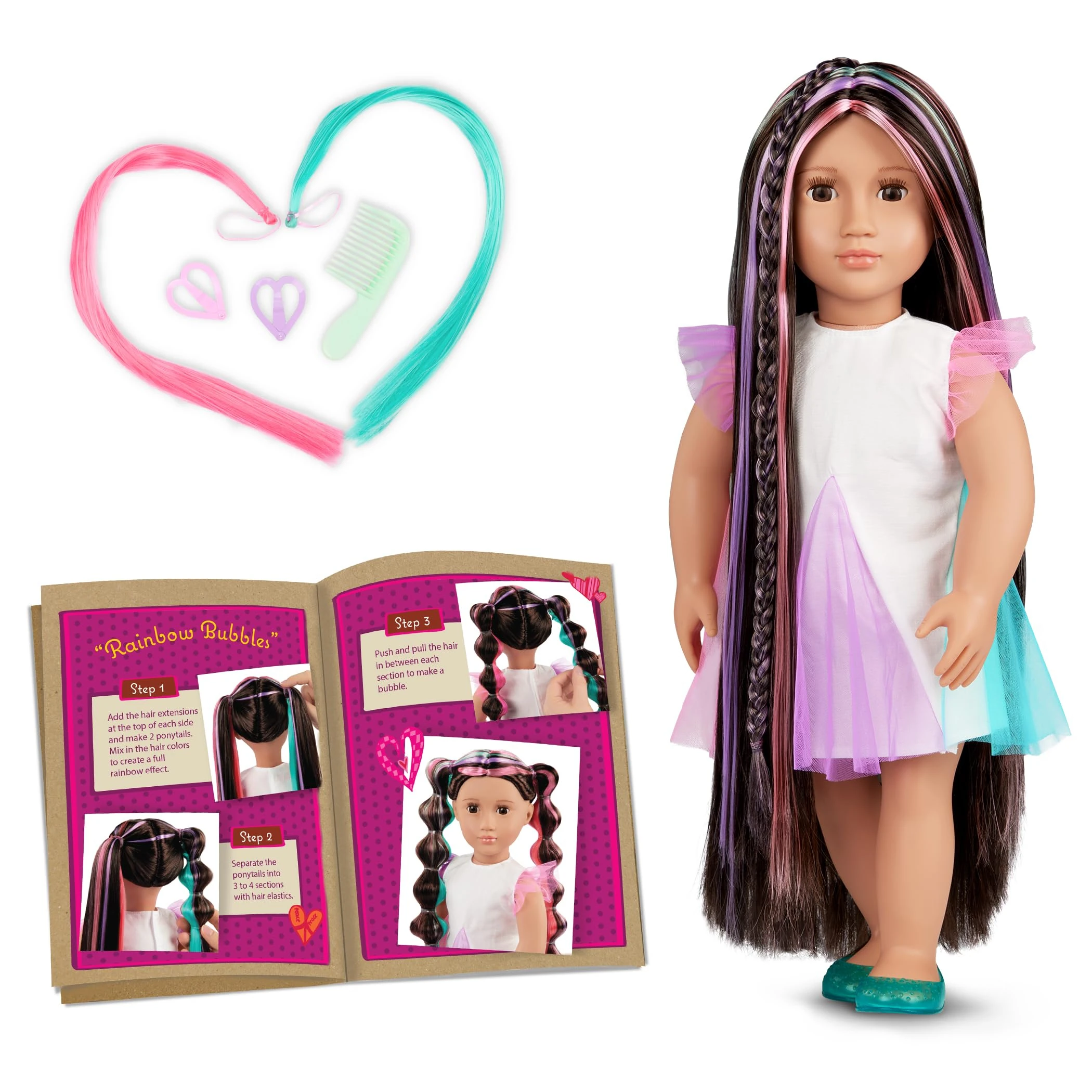 Our Generation - Tina -inchFrom Hair to There-inch - Lifelike Brown Eyes & Ultra-Long Rainbow Hair - Extendable Braid & Styling Accessories - Pretend Play - Toy for Kids 3 Years +