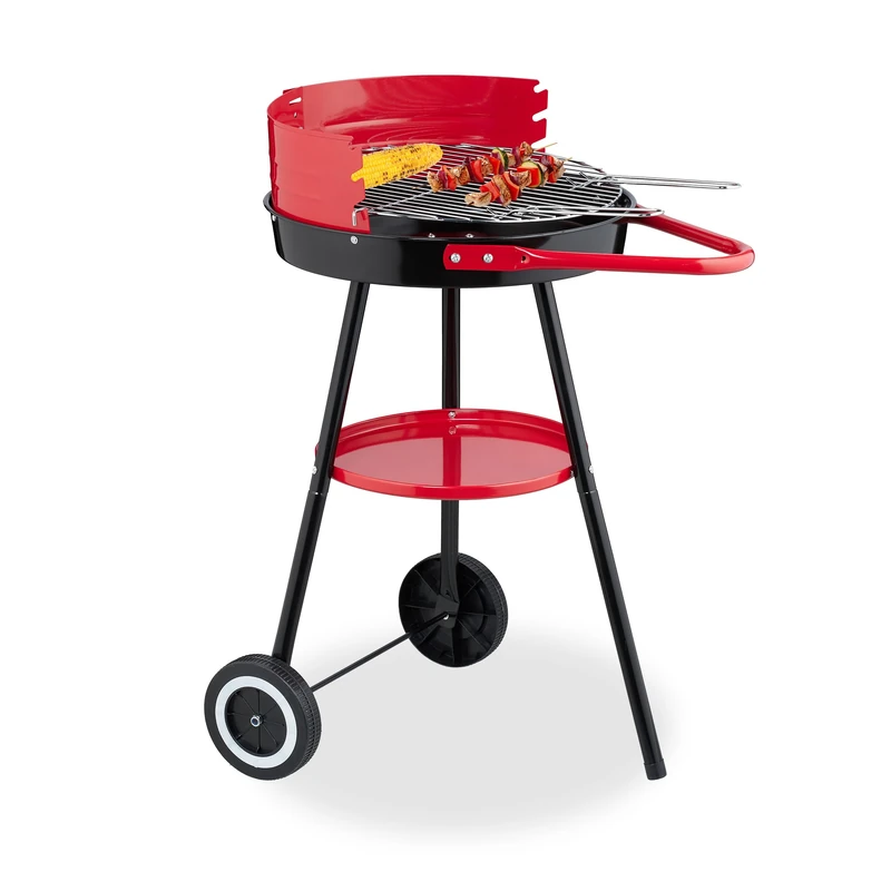 Relaxdays Charcoal Barbecue with Wheels, Ø 42 cm, Tripod Stand, Round Grill, for Picnics & Garden, Wind Block, Black/Red, Steel, Plastic