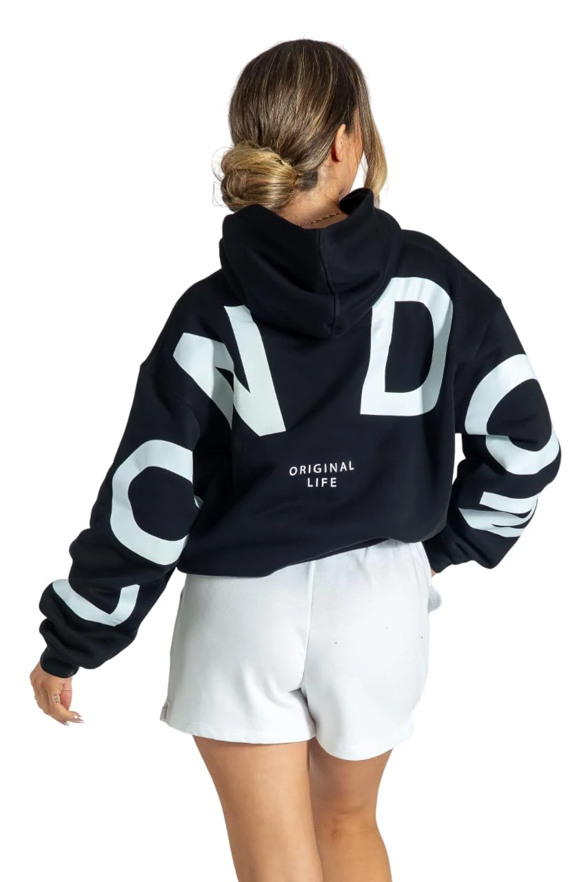 London Hoodies for Women UK Oversized Sweatshirts Letter Print Pullover Hoodie Women With Pocket and Drawstring Medium Black