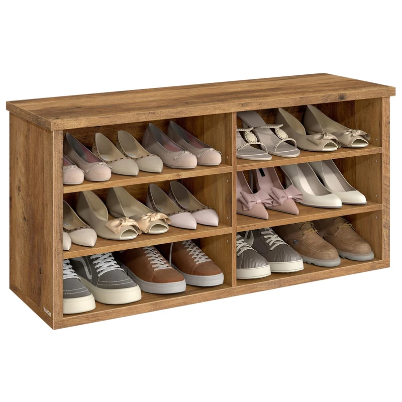 VASAGLE Shoe Bench, Storage Bench, 6 Compartments, Adjustable Shelves, for Living Room, Hallway, 29.5 x 100 x 50 cm, Honey Brown LSB036K01