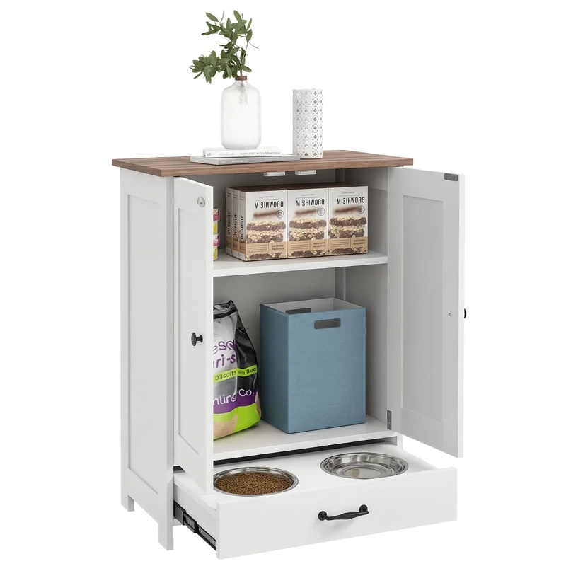 PawHut Pet Feeding Station with Storage, Dog Feeding Station with Raised Dog Bowls, Adjustable Panel, Hooks, Pet Food Storage Cabinet, White