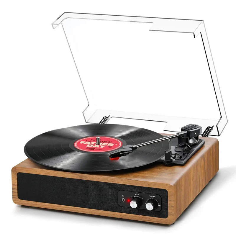 FYDEE Record Player, Dual-Way Bluetooth Vinyl Player Driven by Belt 3 Speed, Vinyl Record Player with Built-In 2 Stereo Speakers, Portable Retro Turntable Supports RCA Output, AUX Input - Orange