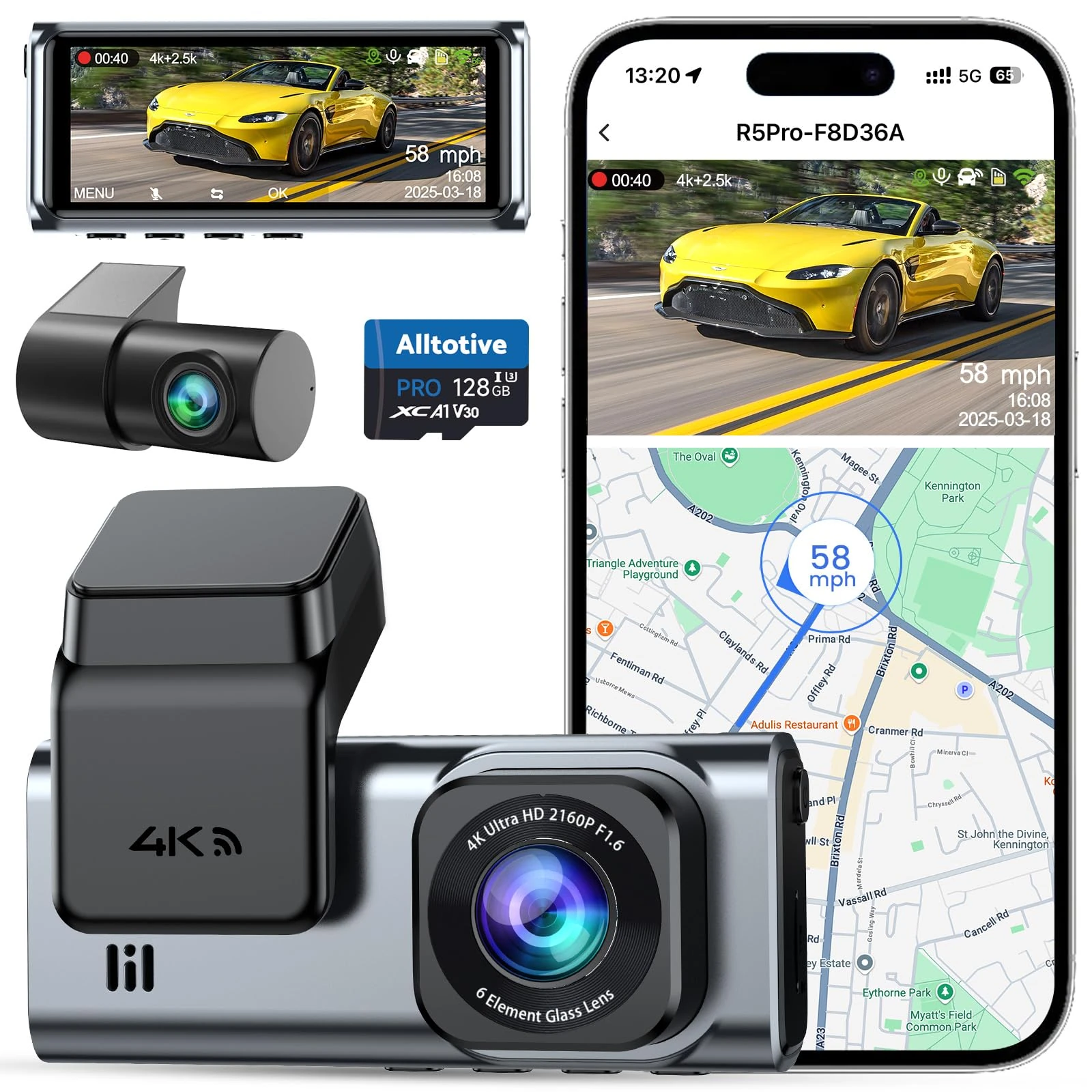 Alltotive 4K Dash Cam Front and Rear 2.5K, 5G WiFi GPS, Dual Car Camera with 128G SD Card, 3.16" IPS Screen, 24H Parking Mode, Night Vision, WDR, 170° Wide Angle, G-Sensor, Max 256GB, Dashcam(R5 Pro)