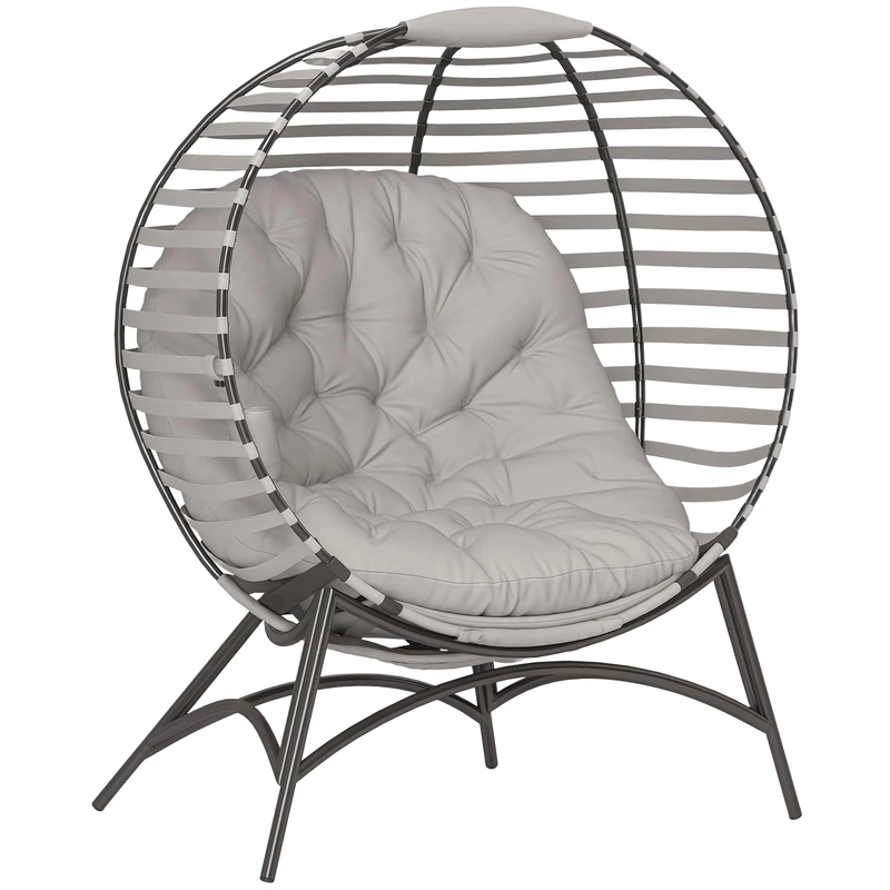 Outsunny Egg Chair with Soft Cushion, Outdoor Lounge Chair with Steel Frame and Side Pocket, Garden Leisure Seat for Indoor, Outdoor, Light Grey