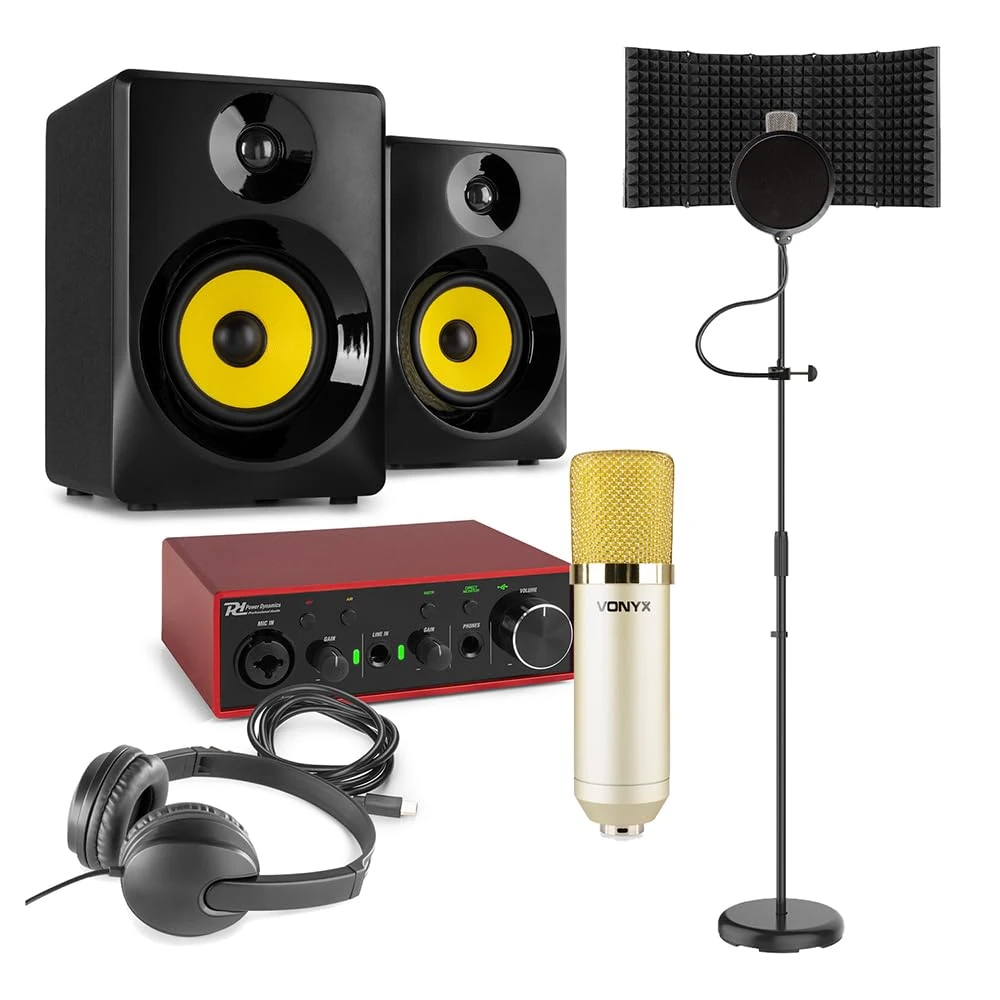 VONYX CM400C Complete Home Vocal Recording Studio Package with PDX11 USB Audio Interface, SMN50B Active Monitors & Accessories for Musicians, Podcasters & Producers