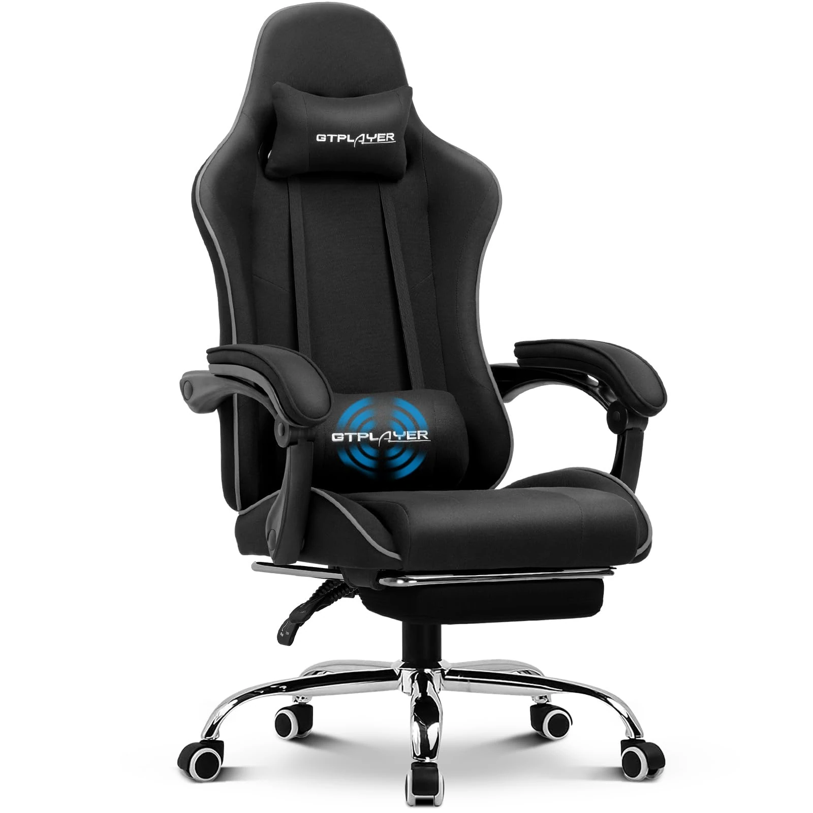 GTPLAYER Gaming Chair, Massage Ergonomic Computer Chair with Footrest and Lumbar Support Height Adjustable with 360°-Swivel Seat and Headrest for Office Black Fabric