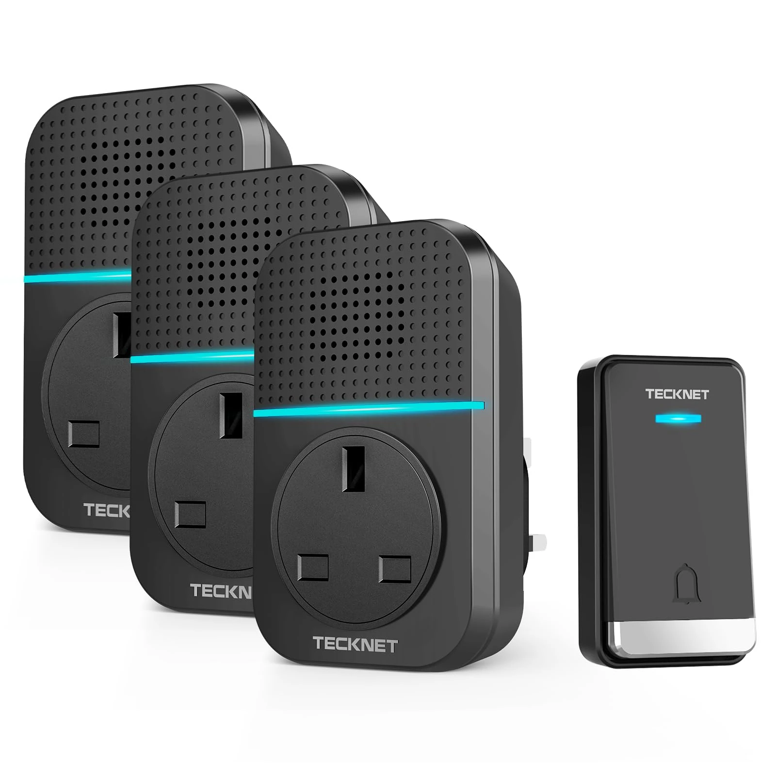 TECKNET Self-Powered Doorbell with 3 Receivers, IP65 Waterproof 1300ft Wireless Doorbell with 60 Chimes 5 Volume Levels, No Battery Required Plug in Boor Bell Kits with LED Light Flash for Home,Black