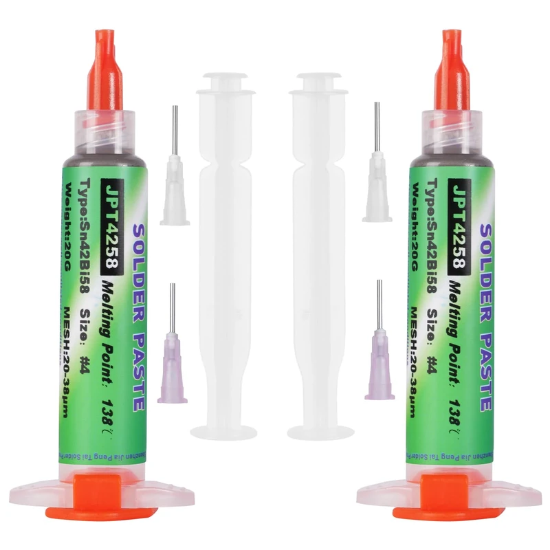 Flintronic 40g Sn42/Bi58 Lead Free Solder Paste, 138°C Low Temperature Flux Paste, Syringe Solder Paste with 2 Needles and 1 Pusher, Flux Soldering Paste for BGA, IC, PCB, CPU, LED, SMT (Each 20g)
