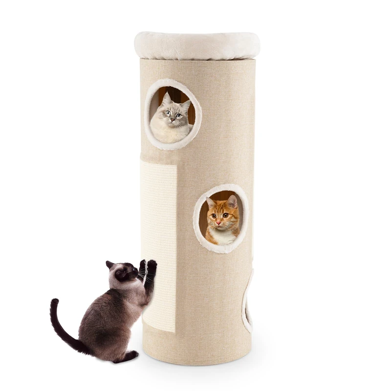 GYMAX Cat House, 113 cm 4-Level Cat Cave Condo with Sisal Scratching Board and Removable Perch, Kitten Barrel Post Tree for Indoor Cats