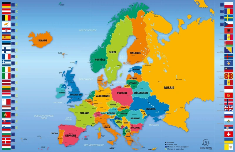 Exacompta - Ref 29795E - Box of 10 Rigid Cardboard Desk Pads - Front and Back in PVC to Withstand Daily use - 37.5 x 57.5 cm - Visual map of Europe - Delivered Flat Packed