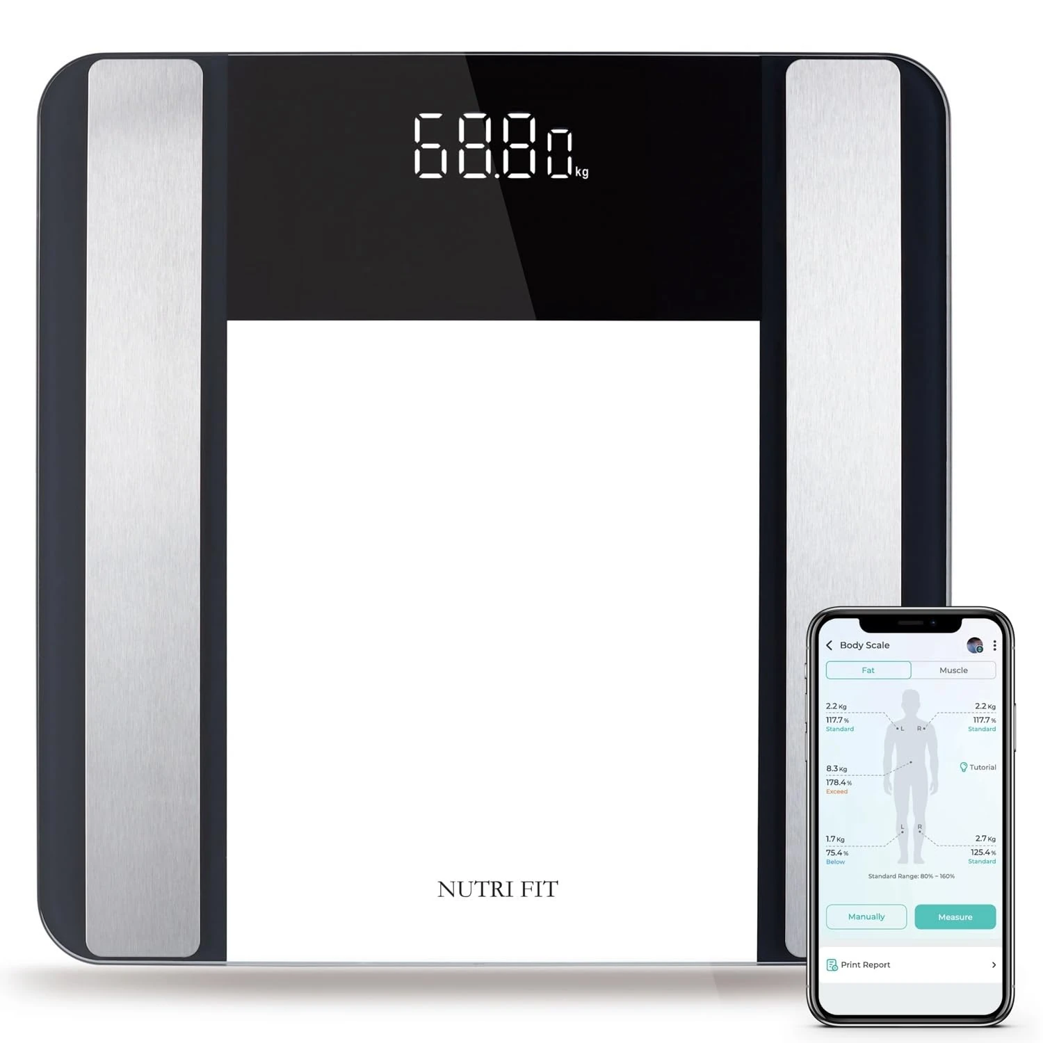 NUTRI FIT Digital Smart Body Fat Scale Bathroom Scale for Muscle Fat Transparent Tempered Glass Large LED Digits 400lb, BMI Water Protain Body Health Monitor